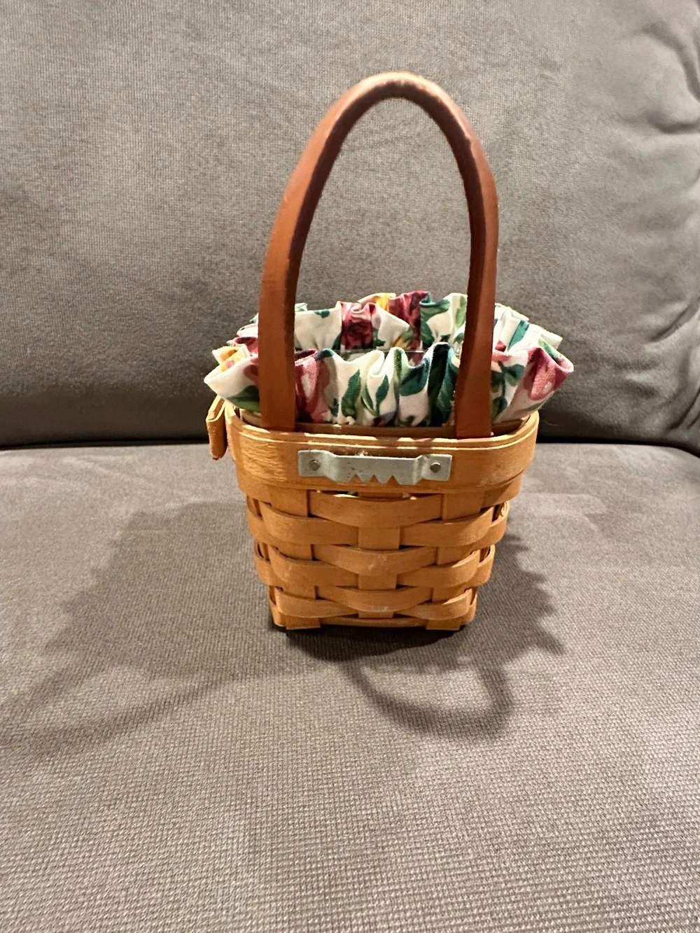 Longaberger Chives Booking Basket with Floral Ruffled Liner & protector.